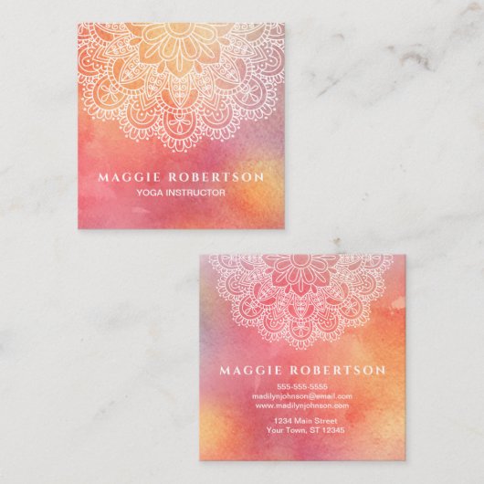 Yoga Instructor Pink Waterverf Mandala Vierkante Visitekaartje (Voorkant / Achterkant)
