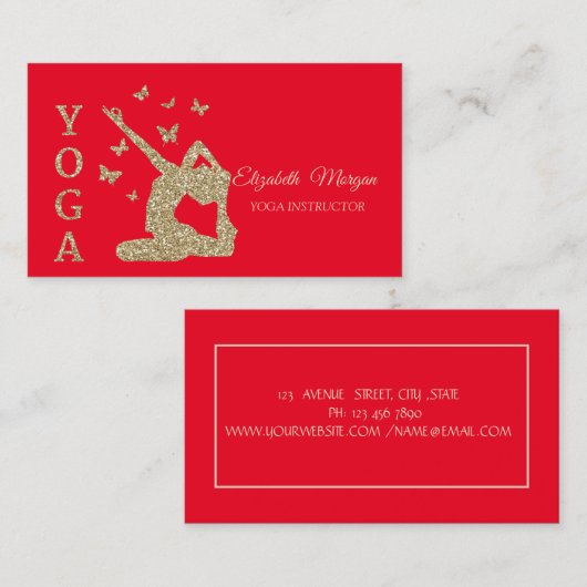 Yoga Instructor, Red, Gold Glitter Women Silhouett Visitekaartje (Voorkant / Achterkant)