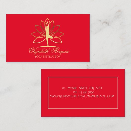 Yoga Instructor, Red, Gold Women Silhouette Lotus Visitekaartje (Voorkant / Achterkant)
