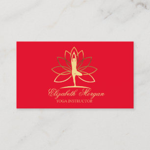 Yoga Instructor, Red, Gold Women Silhouette Lotus Visitekaartje