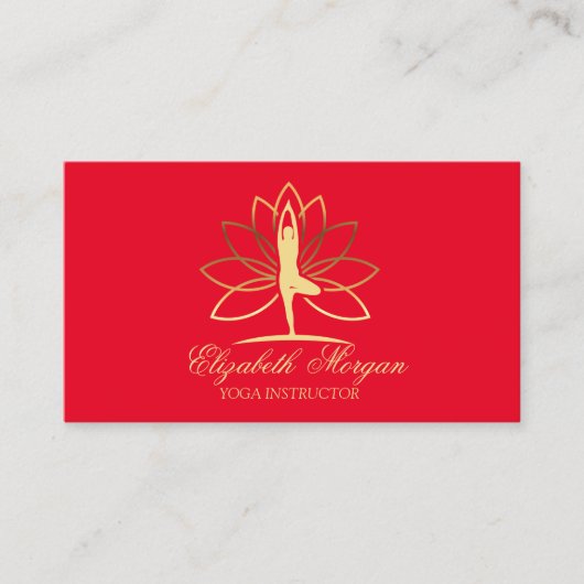 Yoga Instructor, Red, Gold Women Silhouette Lotus Visitekaartje (Voorkant)