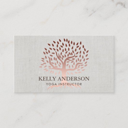 Yoga Instructor Roos Gold Tree Elegant Linen Visitekaartje (Voorkant)