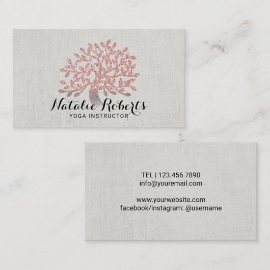 Yoga Instructor Roos Gold Tree Elegant Linen Visitekaartje (Voorkant / Achterkant)