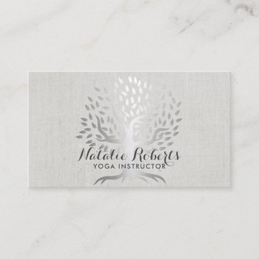 Yoga Instructor Silver Tree Elegant Linen Visitekaartje (Voorkant)
