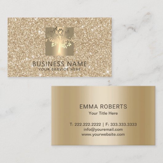 Yoga Instructor Tree Logo Faux Modern Gold Glitter Visitekaartje (Voorkant / Achterkant)