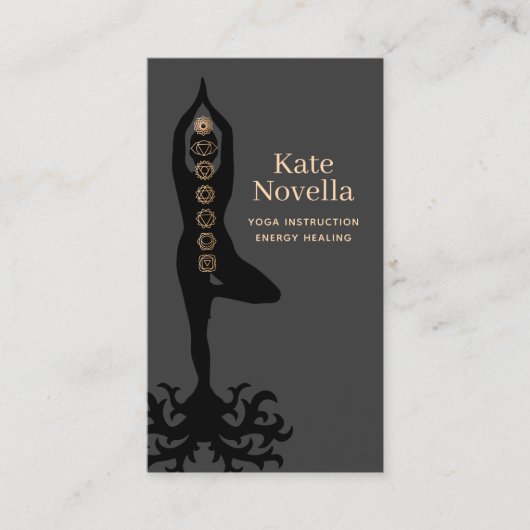 Yoga Instructor , Tree Pose , Gold Chakras Black Visitekaartje (Voorkant)