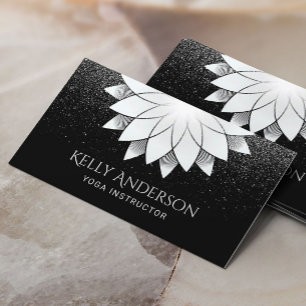 Yoga Instructor White Lotus Mandala Black Glitter Visitekaartje