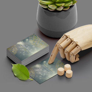 Yoga-instructrice Gouden Mandala Groene Bokeh-lich Visitekaartje