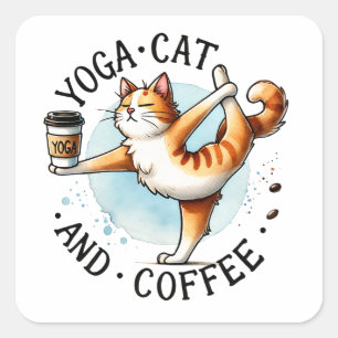 "Yoga Kat en Koffie" Grappige Kattenliefhebbers Vierkante Sticker