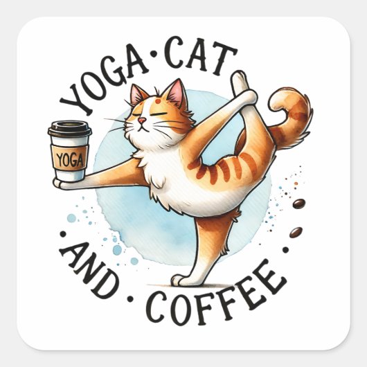 "Yoga Kat en Koffie" Grappige Kattenliefhebbers Vierkante Sticker (Voorkant)