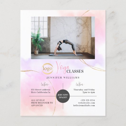 Yoga Lessen Foto Logo Waterverf Roze Goud Chic Flyer (Voorkant)