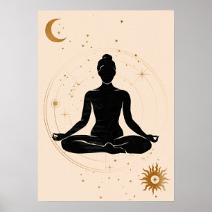 Yoga lotus position silhouette solar system gold poster