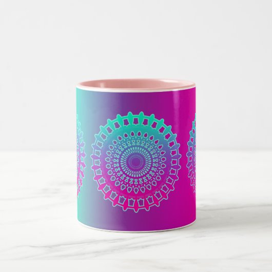 Yoga Mandala Optimistic Happy Rainbow Pastel Tweekleurige Koffiemok (Center)