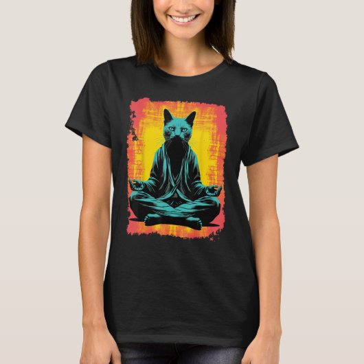 Yoga Meditatie Grappige Zwarte Kat T-shirt (Voorkant)