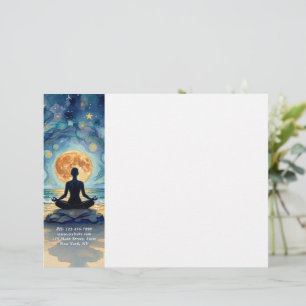 Yoga-meditatie sterrennacht lucht maan oceaan stra briefhoofd