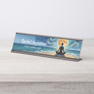 Yoga-meditatie sterrennacht lucht maan oceaan stra bureau naambordje