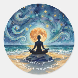 Yoga Meditatie Sterrennacht Lucht Maan Oceaan Stra Ronde Sticker