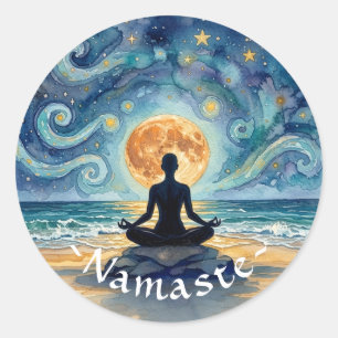 Yoga Meditatie Sterrennacht Lucht Maan Oceaan Stra Ronde Sticker