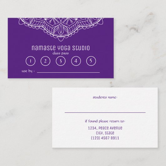 Yoga Meditation Class Pass Paars Handrawn Mandala Klantenkaartje (Voorkant / Achterkant)