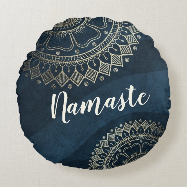 Yoga Meditation Instructor Gold Mandala Navy Blue Rond Kussen (Voorkant)