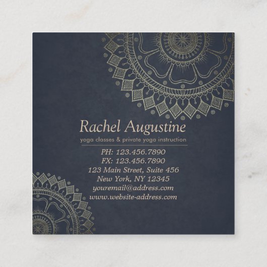 Yoga Meditation Instructor Gold Mandala Navy Blue Vierkante Visitekaartje (Achterkant)