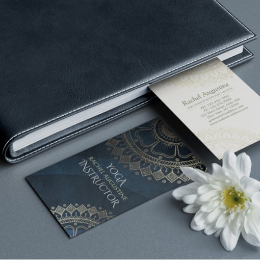 Yoga Meditation Instructor Gold Mandala Navy Blue Visitekaartje