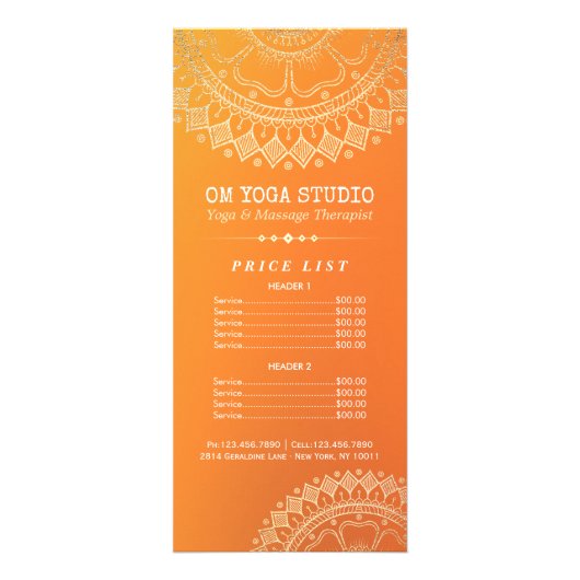 Yoga Meditation Instructor Gold Mandala Prijslijst Reclamekaart (Voorkant)
