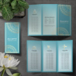 Yoga Meditation Instructor Gold Mandala Tri-Fold<br><div class="desc">Yoga Fitness Studio / Meditation Instructor / Personal Trainer / Life Coach / Healer / Reiki Master / Massage Therapy Tri-Fold Brochures Sjabloon - Modern Chic Faux Gold Foil Floral Mandala Symbols op Crystal Blue / Blauwgroen Green Blue Color Background</div>