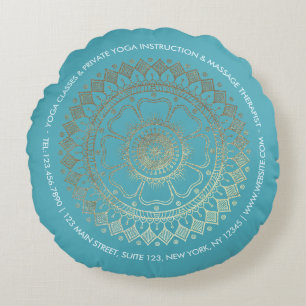 Yoga Meditation Instructor Green Blue Gold Mandala Rond Kussen