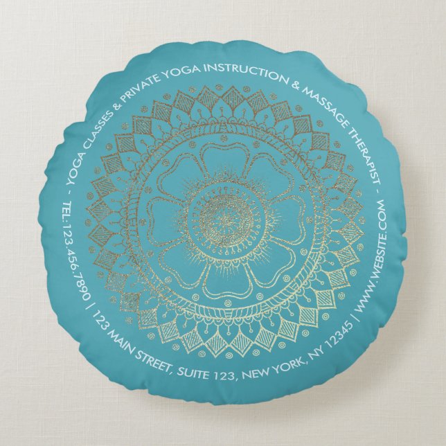 Yoga Meditation Instructor Green Blue Gold Mandala Rond Kussen (Voorkant)
