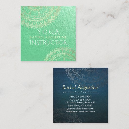 Yoga Meditation Instructor Green Gold Foil Mandala Vierkante Visitekaartje (Voorkant / Achterkant)