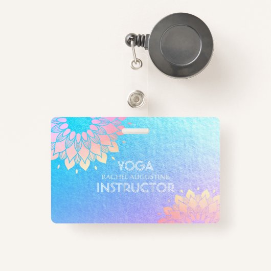 Yoga Meditation Instructor Roos Blue Gold Mandala Badge (Voorkant met intrekbare)