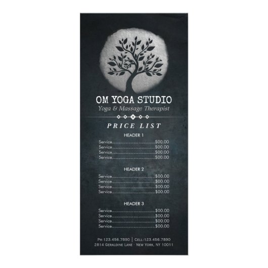 Yoga Meditation Instructor Silver Tree Price List Reclamekaart (Voorkant)
