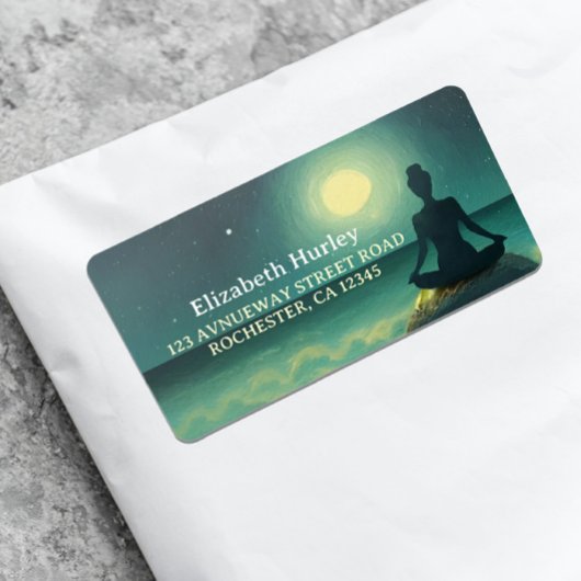 Yoga Meditation Pose on Rock Full Moon Stars Night Etiket