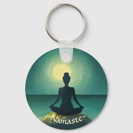 Yoga Meditation Pose on Rock Full Moon Stars Night Sleutelhanger (Voorkant)