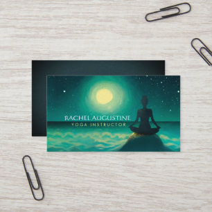 Yoga Meditation Pose on Rock Full Moon Stars Night Visitekaartje
