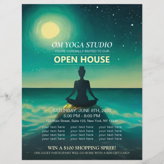 Yoga Meditation Pose on Rock Moon Ocean Open House Flyer (Voorkant)