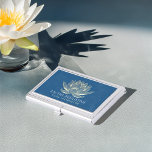 YOGA Meditation Reiki Instructor Blue en Gold Lotu Visitekaarthouder<br><div class="desc">Yoga Studio Meditation Instructor / Life Coach / Healer / Reiki Master / Massage Therapy Business Card Holder Sjabloon - Modern Elegant Faux Gold Lotus op 19-4052 TCX Classic Blue Color Grunge Background</div>