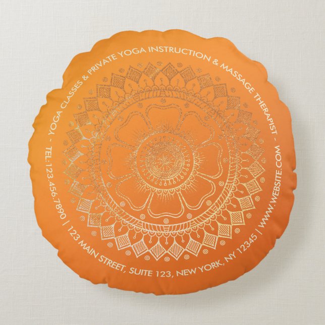 Yoga Meditation Teacher Modern Oranje Gold Mandala Rond Kussen (Voorkant)