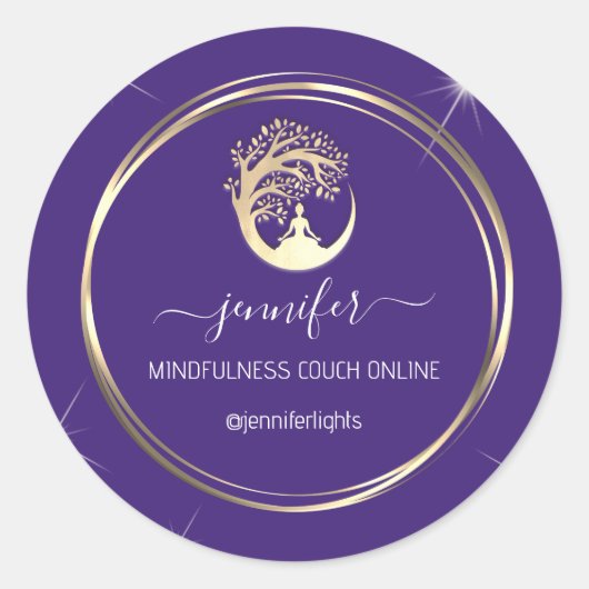 Yoga Mindfulness Therapist Couch Gold Lijst Paars Ronde Sticker (Voorkant)