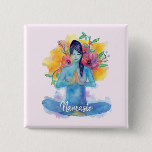 Yoga Namaste Waterverf Pin Vierkante Button 5,1 Cm