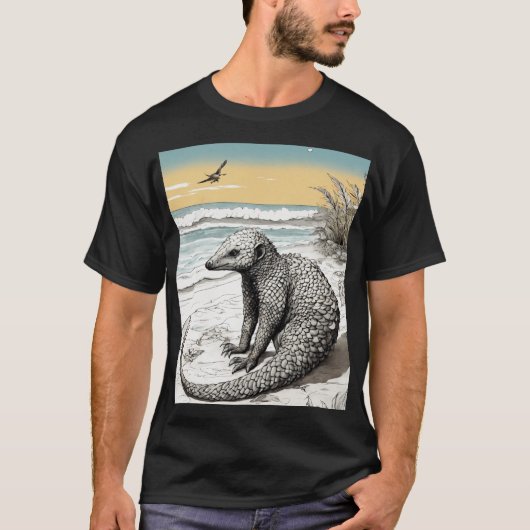 Yoga Pangolin op het strand: Ingewikkelde inkt Ill T-shirt (Voorkant)