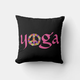Yoga Peace Sign Floral op zwart Kussen