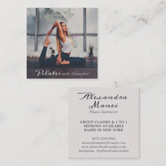 Yoga pilates instructeur elegante boho script foto vierkante visitekaartje (Voorkant / Achterkant)