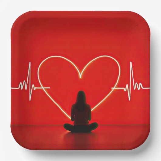Yoga pose met hartslag lijnen papieren bordje (Voorkant)