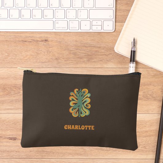 Yoga pose retro swirls name taupe brown etui