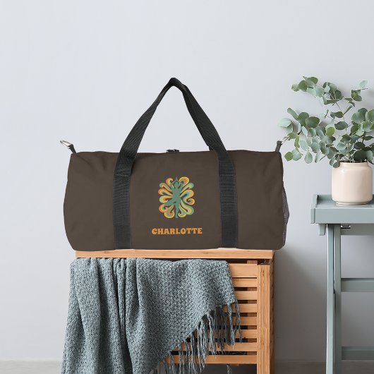 Yoga pose retro swirls name taupe brown plunjezak