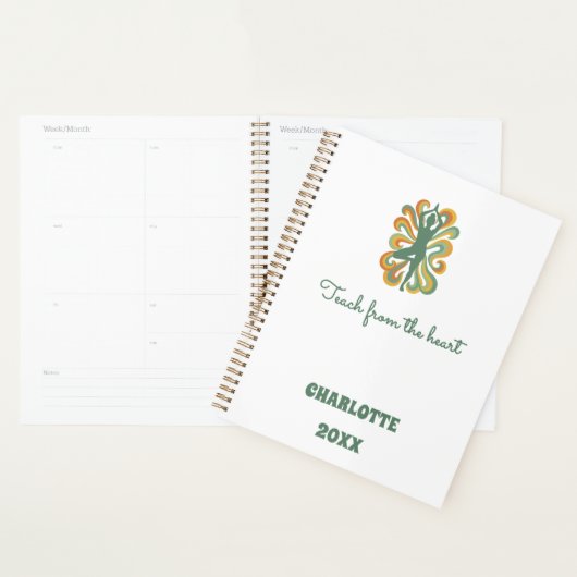 Yoga pose swirls green orange slogan retro 2026 planner (Display)