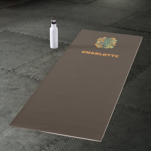 Yoga pose swirls retro brown orange name yogamat