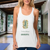Yoga pose swirls retro green orange name slogan tanktop